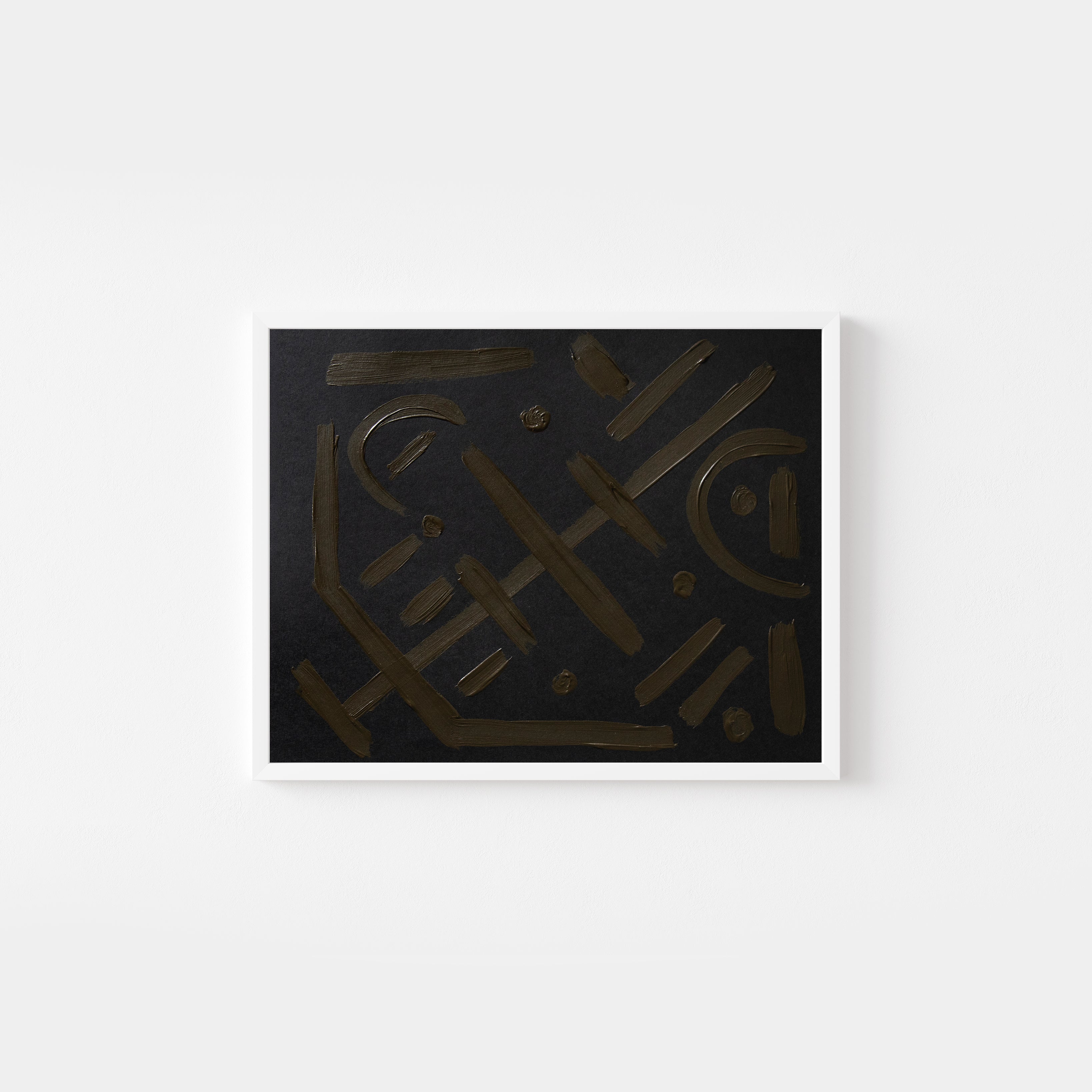 Abstract original art painting with brown and olive green lines on black paper by emerging artist Sara Kraus. Minimalist, wabi-sabi art.