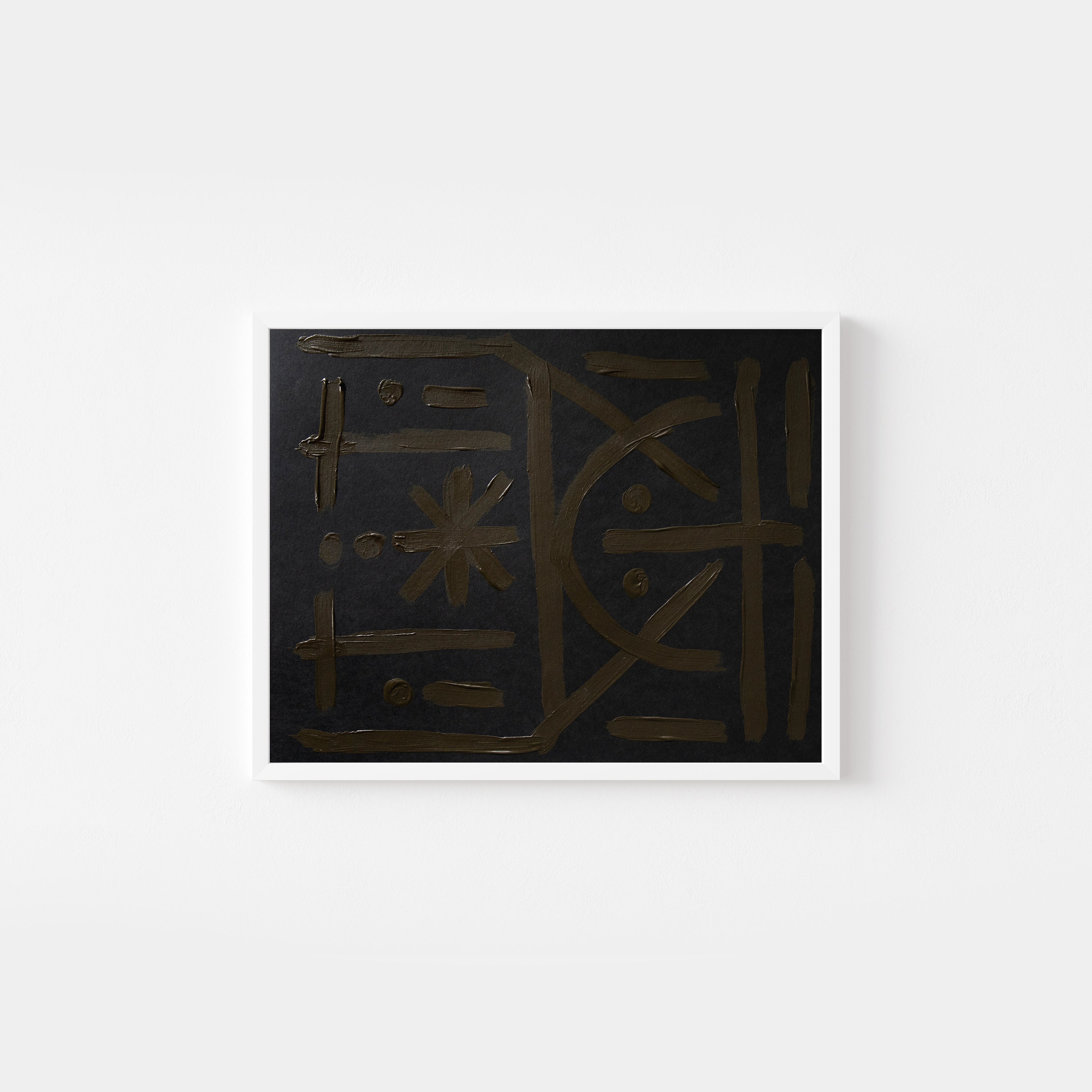 Abstract original art painting with brown and olive green lines on black paper by emerging artist Sara Kraus. Minimalist, wabi-sabi art.