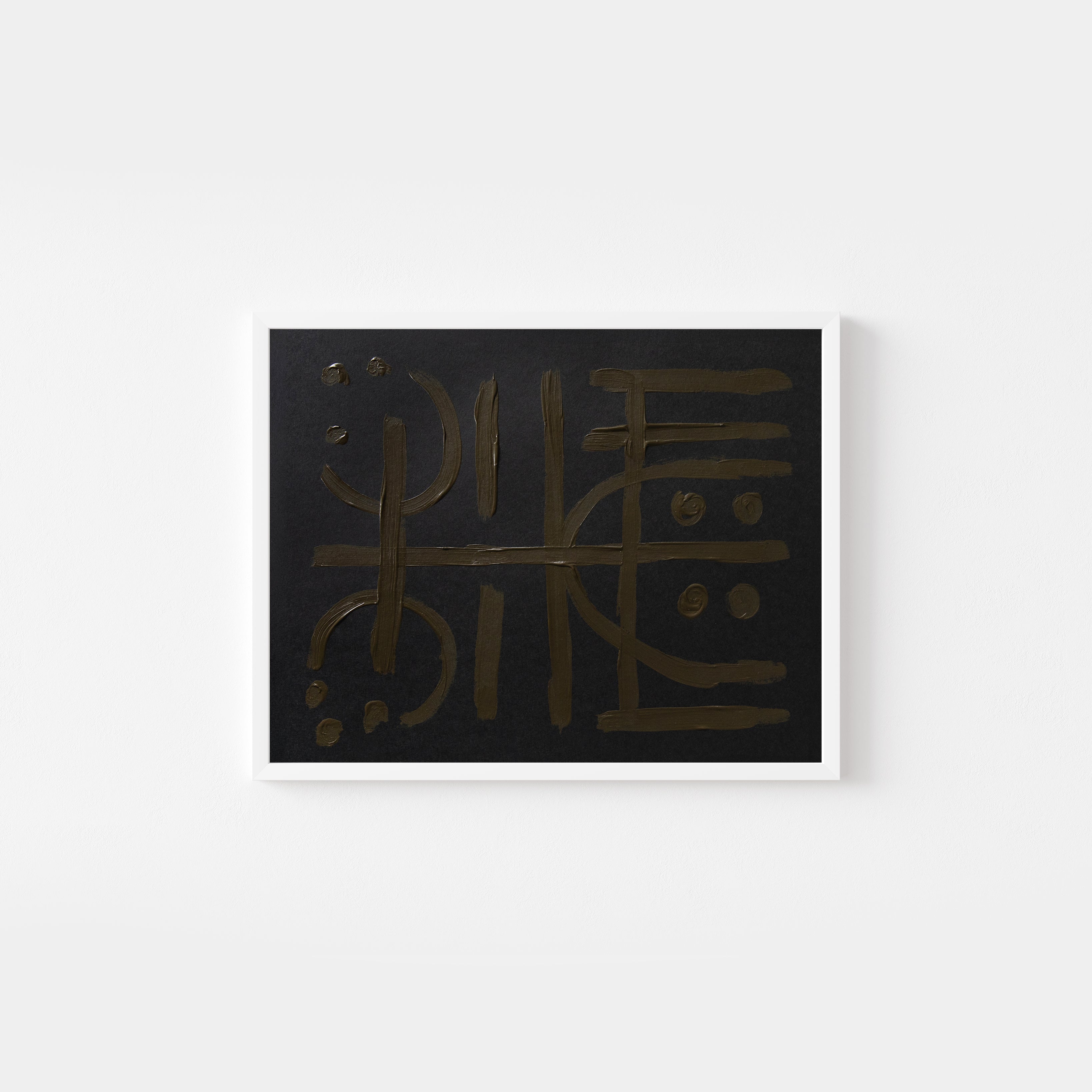 Abstract original art painting with brown and olive green lines on black paper by emerging artist Sara Kraus. Minimalist, wabi-sabi art.