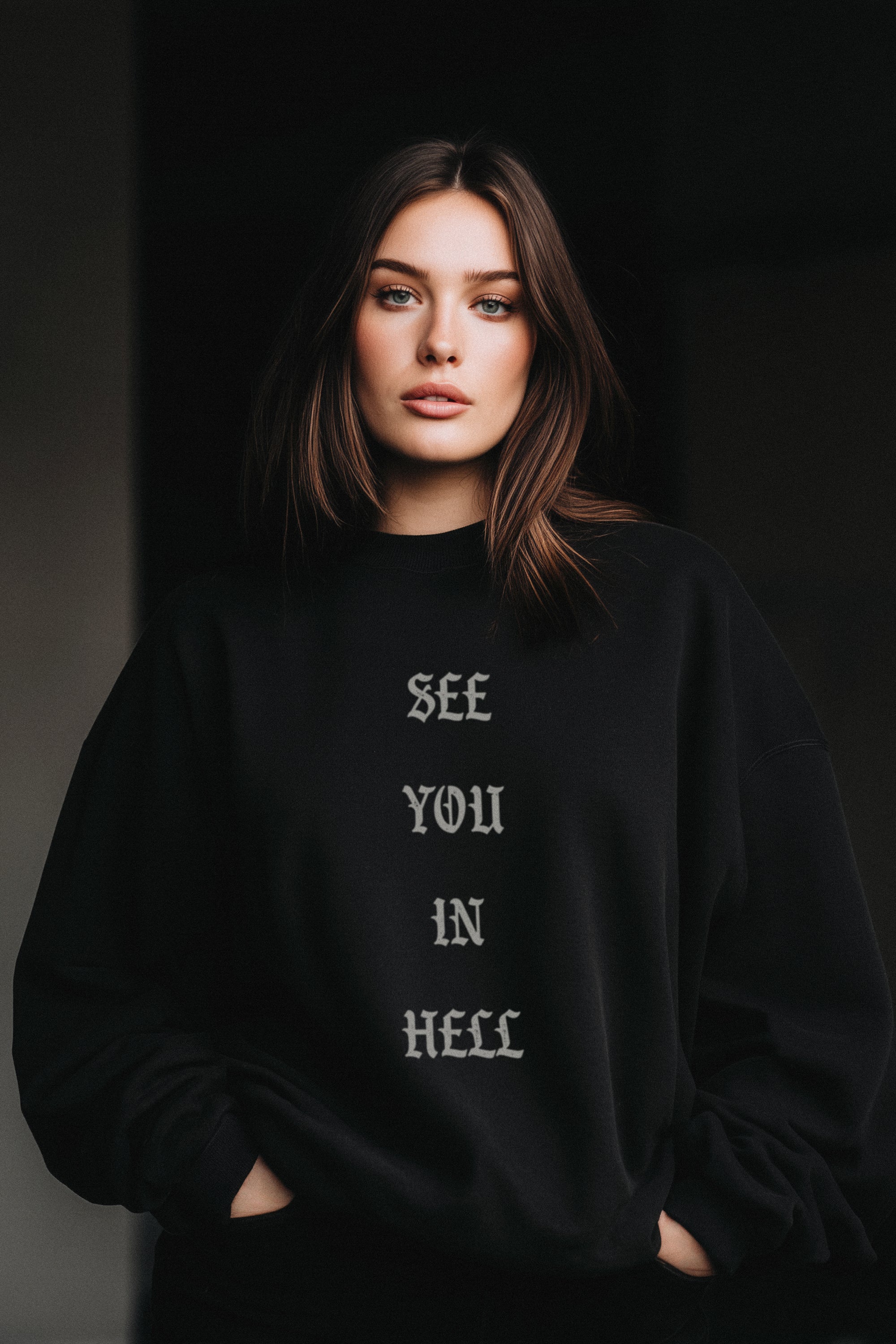 See You in Hell Crewneck - Black - Apparel - Limited Edition Apparel, Accessories, and Original Fine Art Prints, Home Decor, Feminist Minimalist Gothic Design, Made to Order, Double Kick, Signed and Numbered