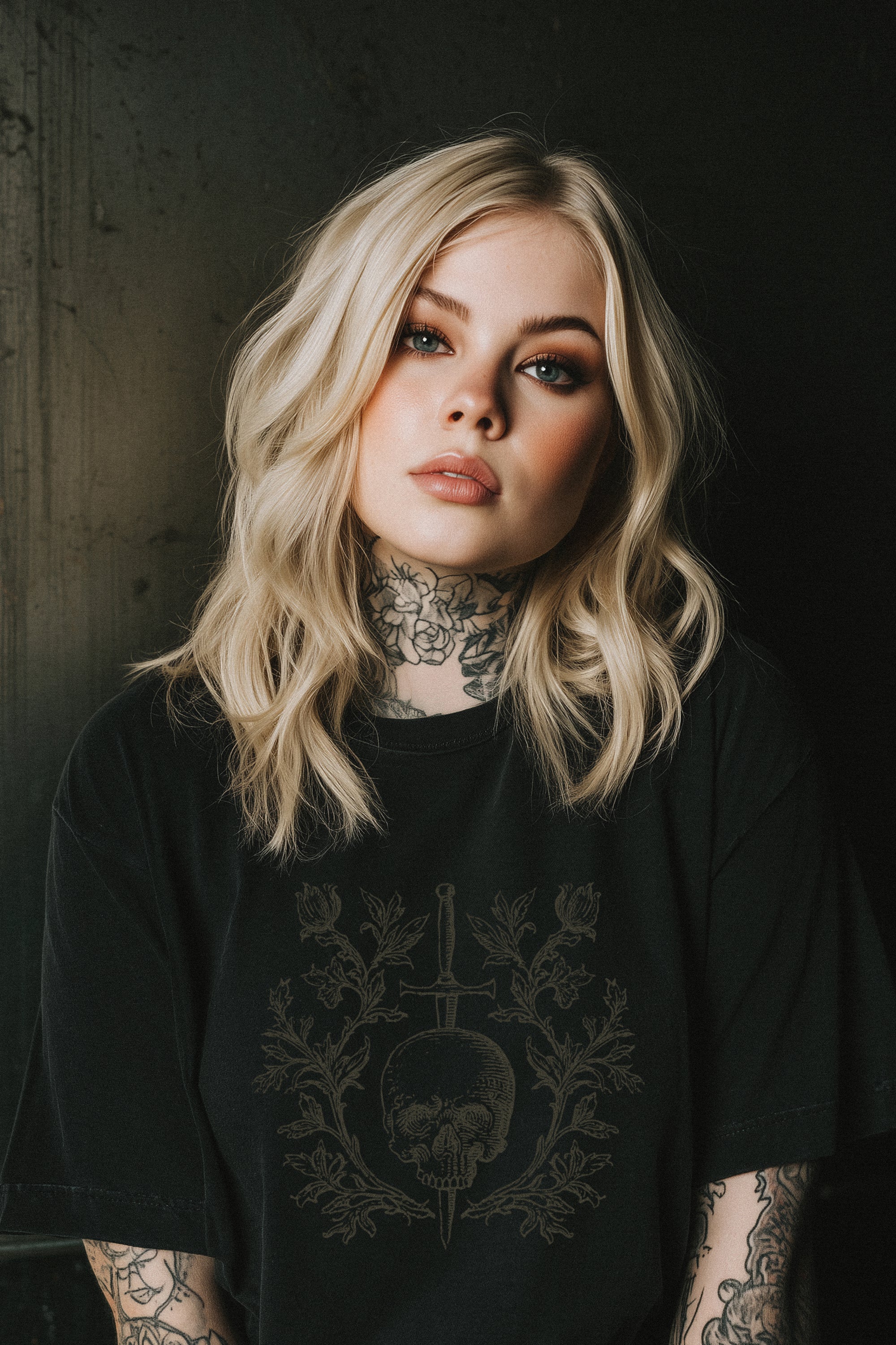 Person with tattoos wearing a black t-shirt with a design, against a dark background