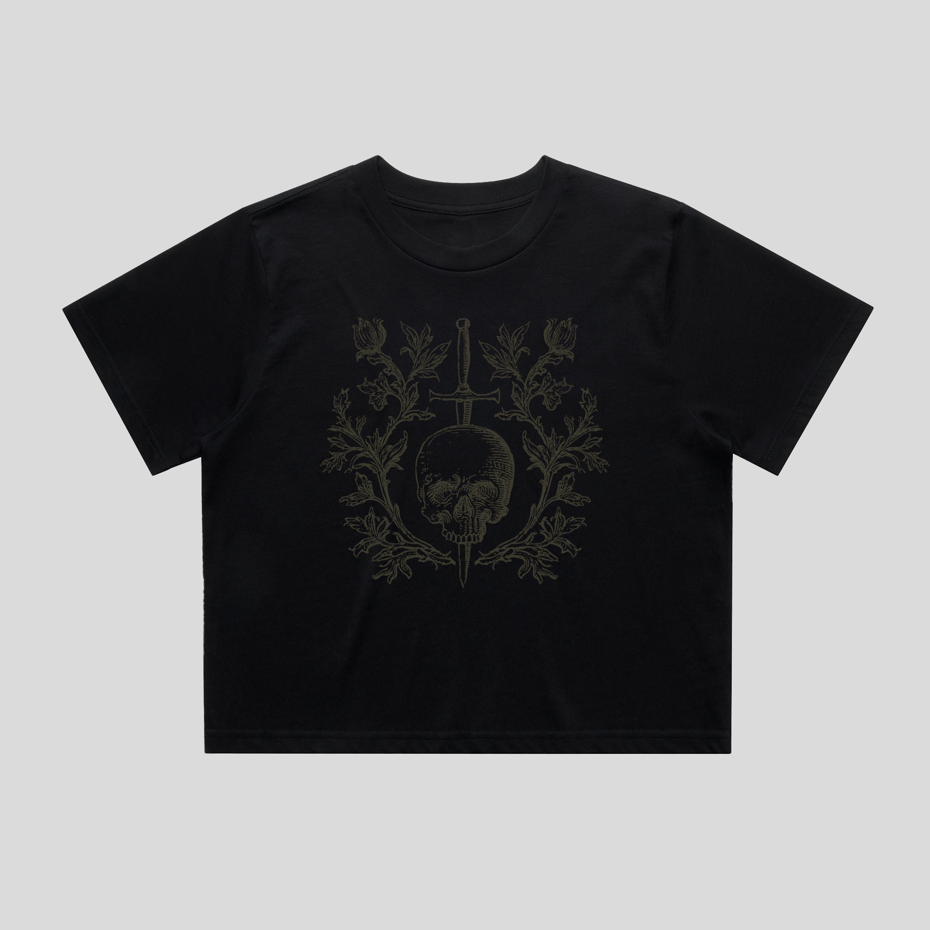 Black t-shirt with a skull and crossbones design on a light gray background