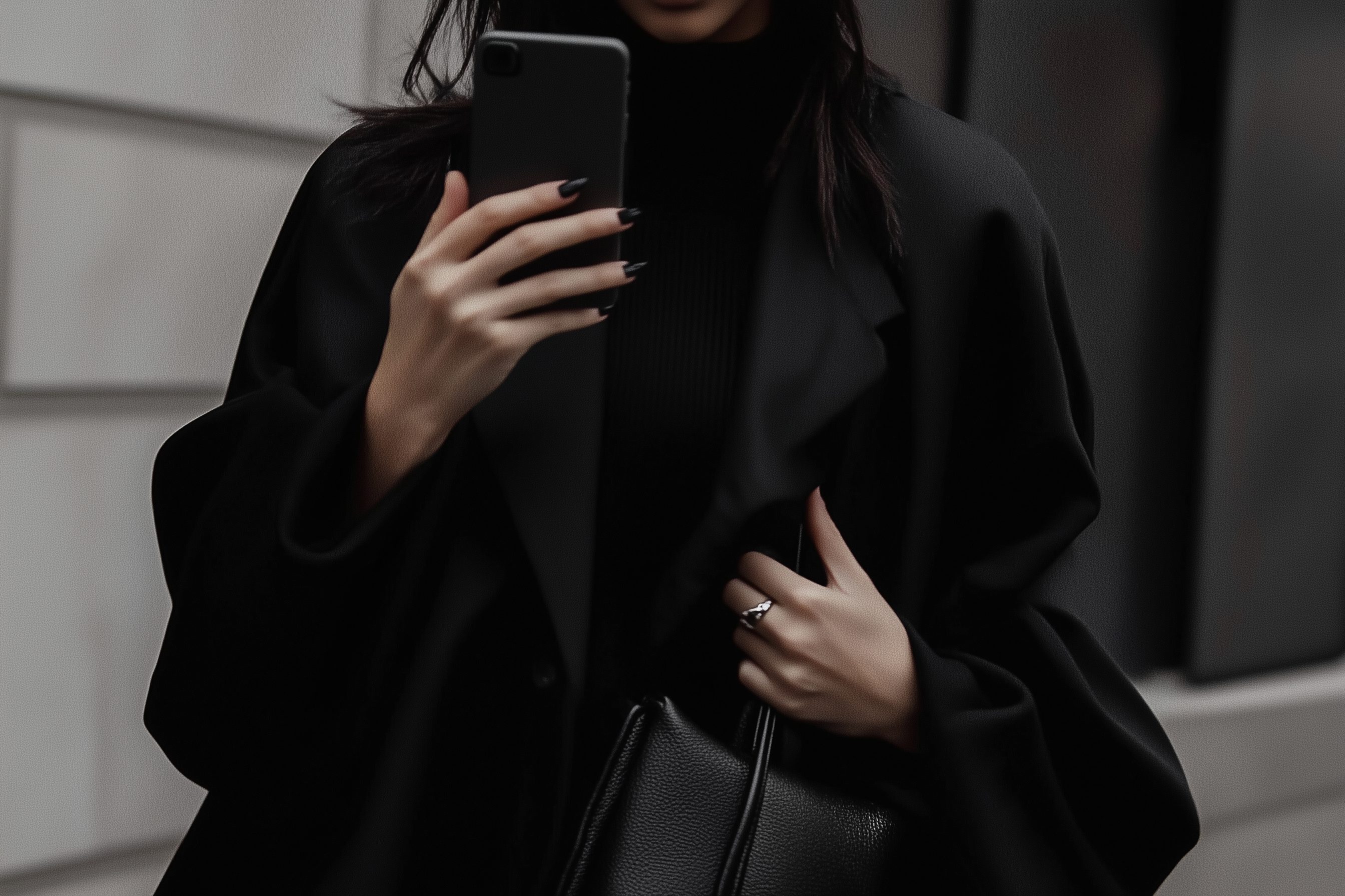 A closeup photograph of a woman holding a phone, wearing a black minimalist coat and an edgy black tote bag