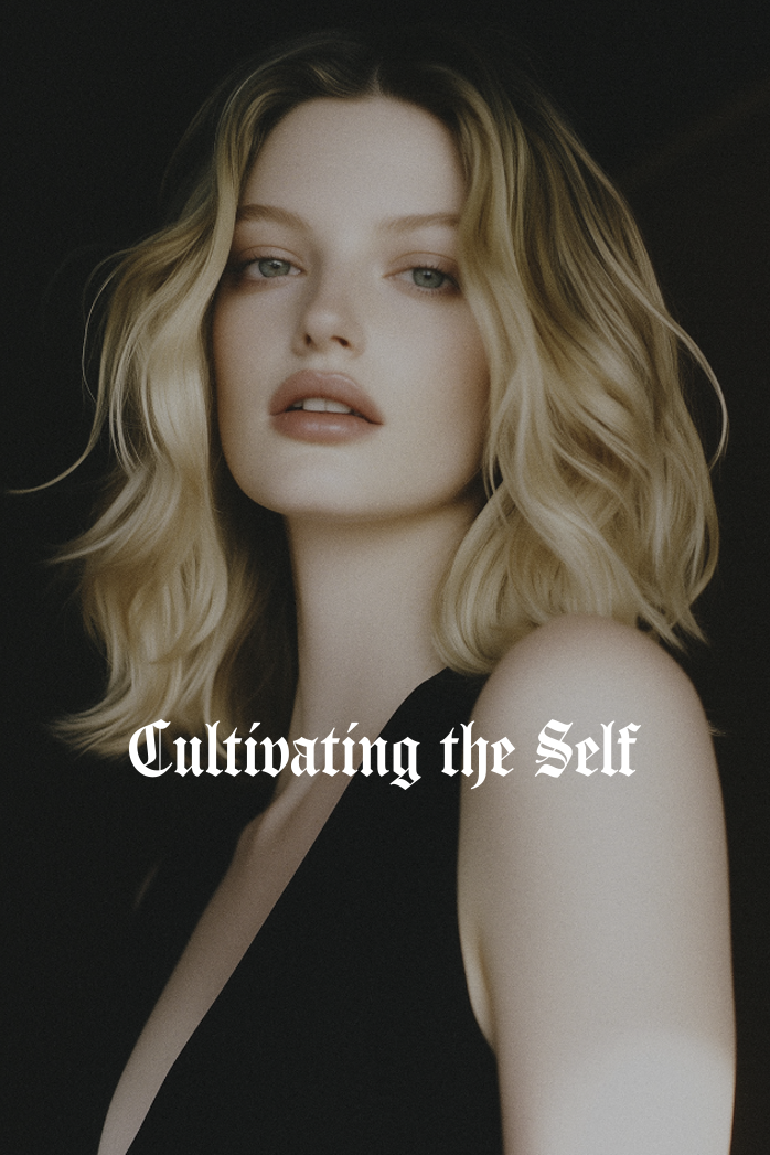 Woman with blonde hair wearing a black top against a dark background with 'Cultivating the Self' text.