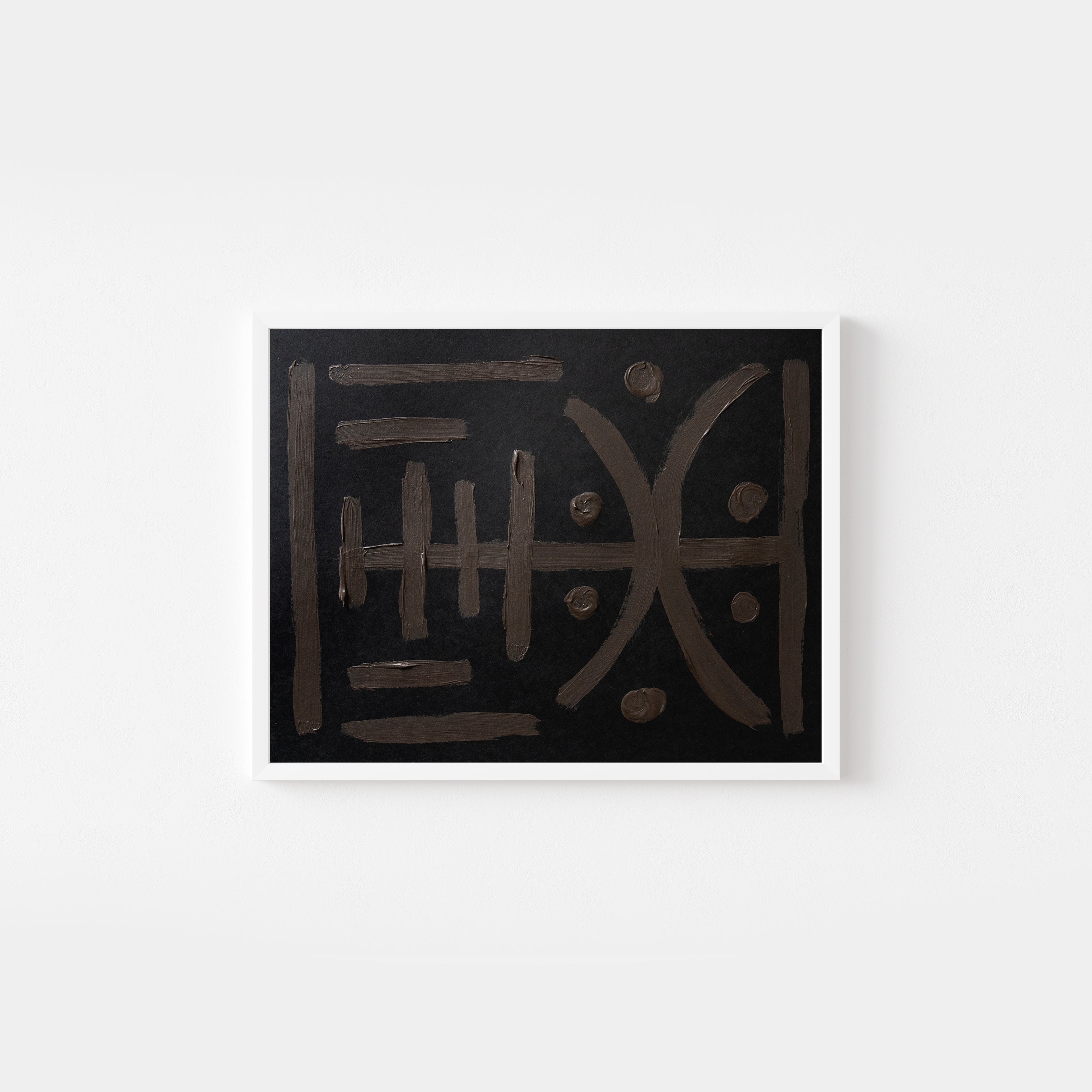 Abstract original art painting with brown and olive green lines on black paper by emerging artist Sara Kraus. Minimalist, wabi-sabi art.