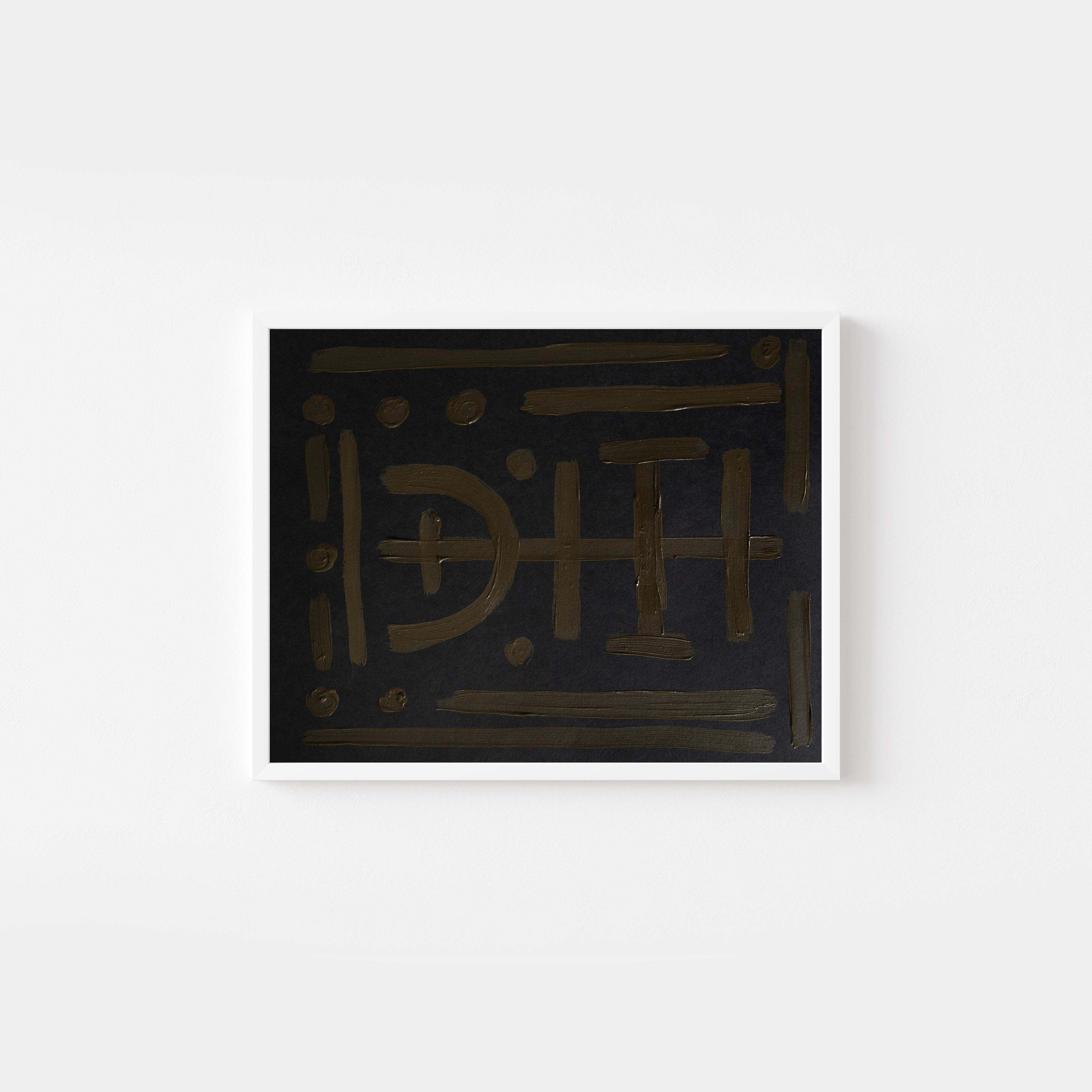 Abstract original art painting with brown and olive green lines on black paper by emerging artist Sara Kraus. Minimalist, wabi-sabi art.