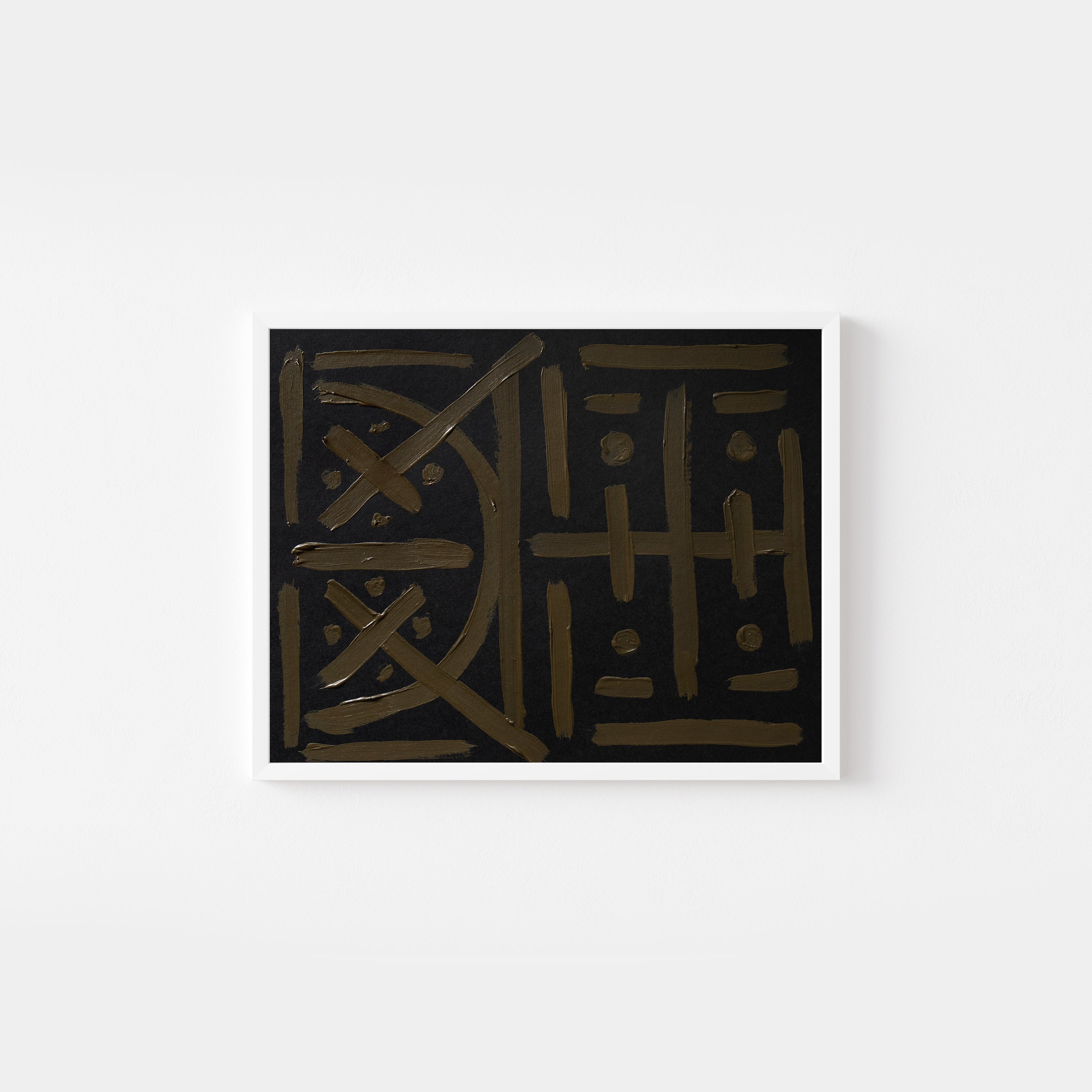 Abstract original art painting with brown and olive green lines on black paper by emerging artist Sara Kraus. Minimalist, wabi-sabi art.
