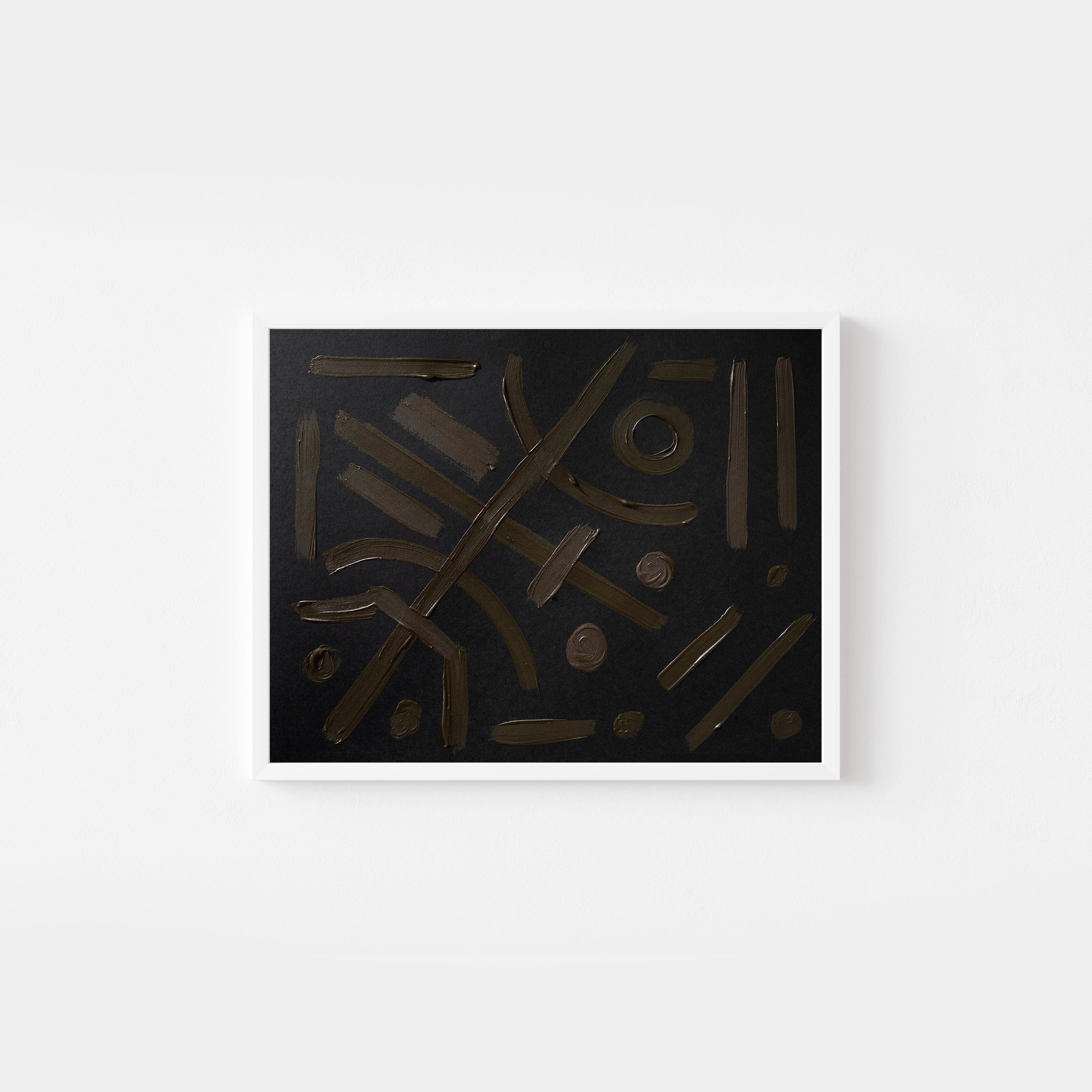 Abstract original art painting with brown and olive green lines on black paper by emerging artist Sara Kraus. Minimalist, wabi-sabi art.