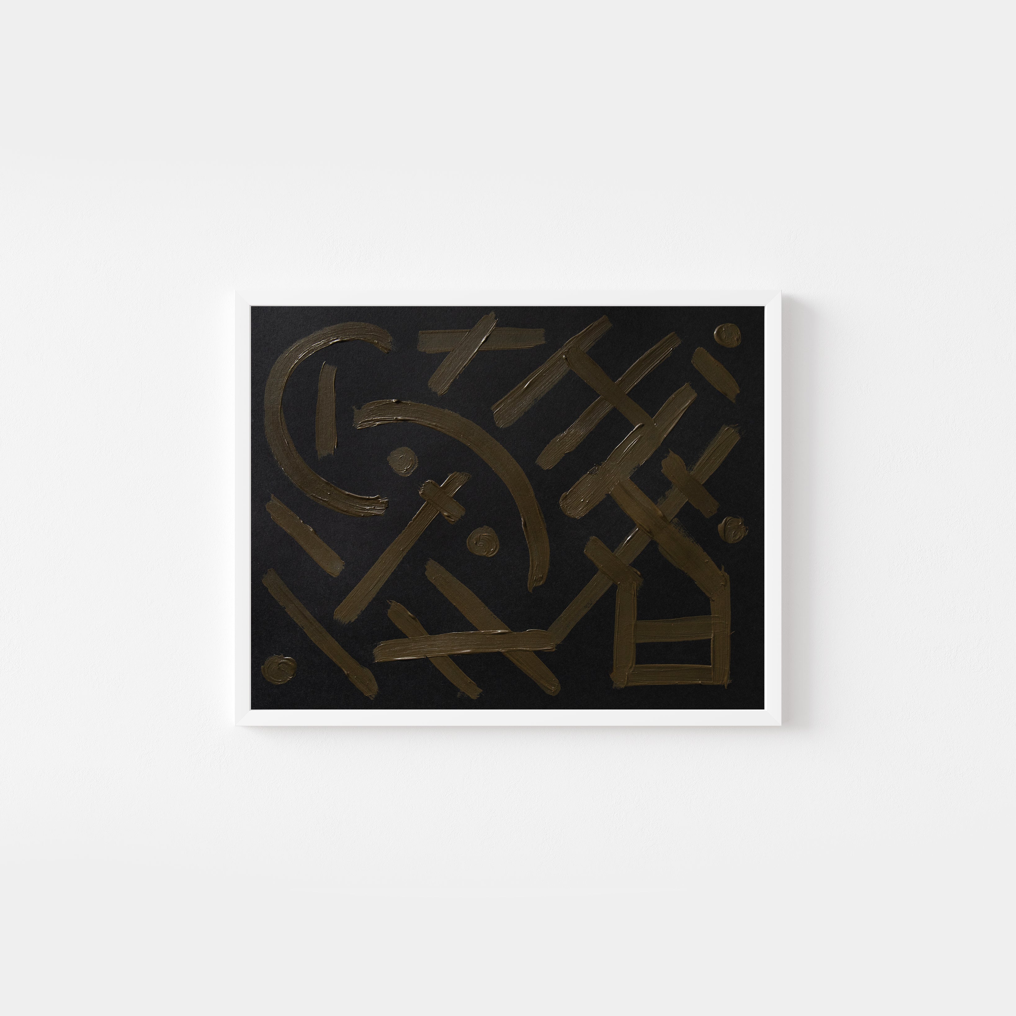 Abstract original art painting with brown and olive green lines on black paper by emerging artist Sara Kraus. Minimalist, wabi-sabi art.