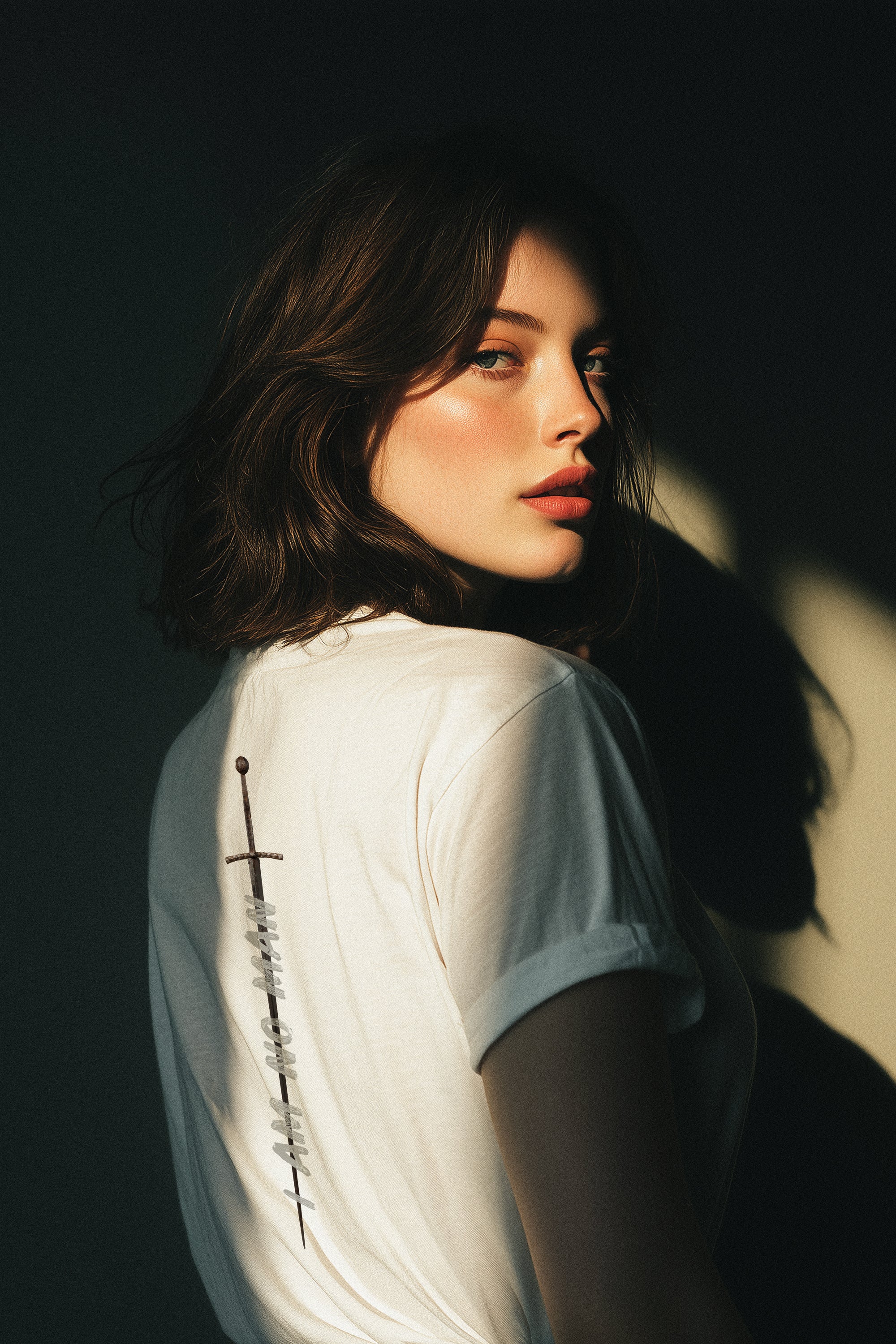 Woman wearing a white t-shirt with a design on the back, standing against a dark background.