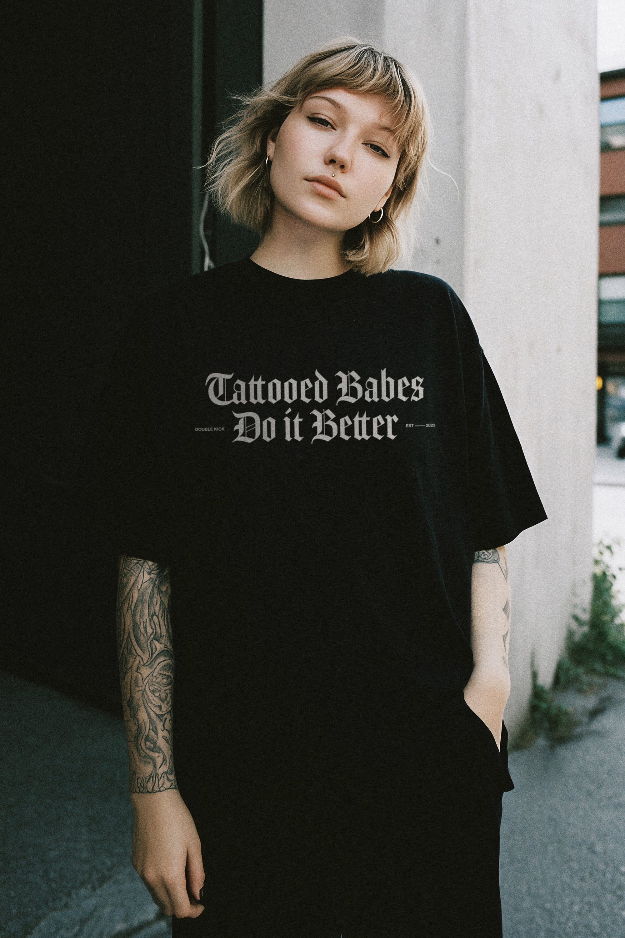 Tattooed Babes Tee | Black - - Apparel - Limited Edition Apparel, Accessories, and Original Fine Art Prints, Home Decor, Feminist Minimalist Gothic Design, Made to Order, Double Kick, Signed and Numbered